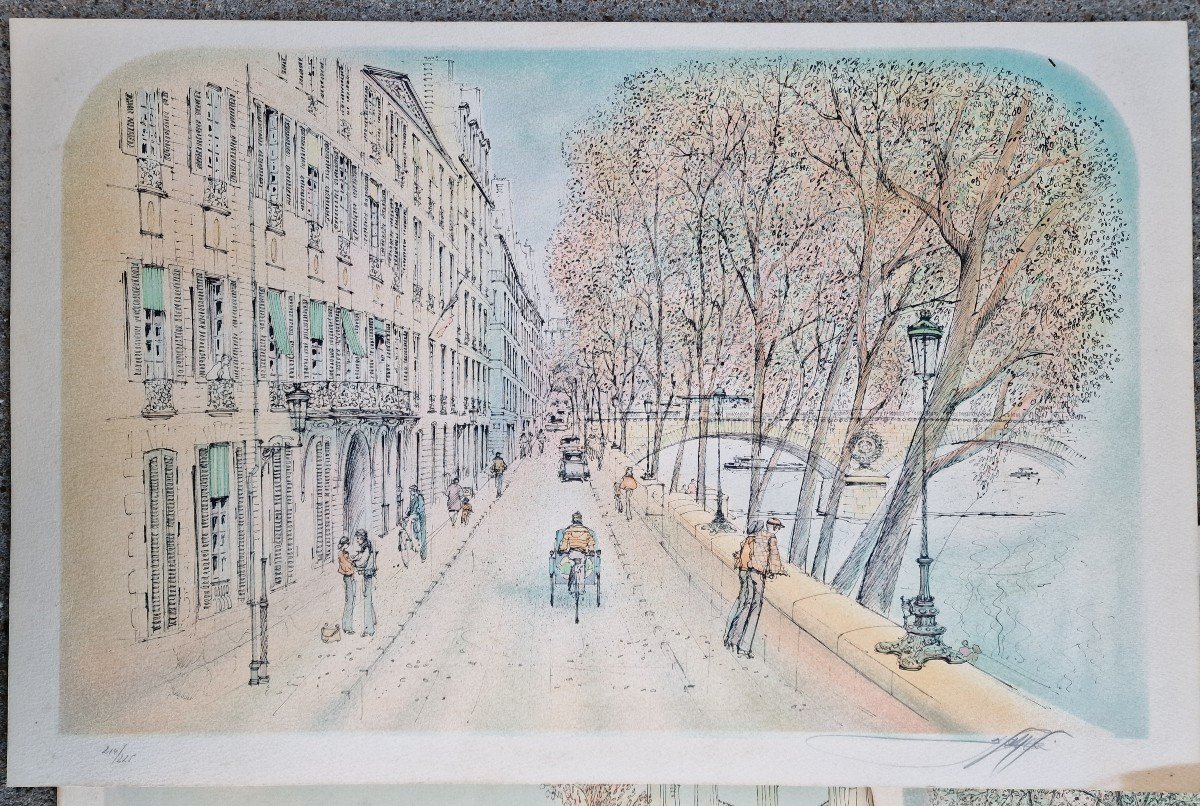 Lot De 3 Lithographies De Rolf Rafflewski Sur Paris Le Pont Neuf, Quai Bourbon Et Canal St Mart-photo-2