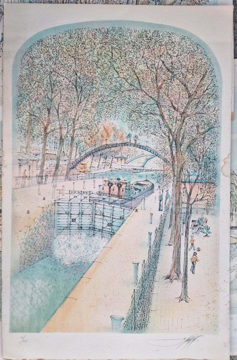 Lot De 3 Lithographies De Rolf Rafflewski Sur Paris Le Pont Neuf, Quai Bourbon Et Canal St Mart-photo-3