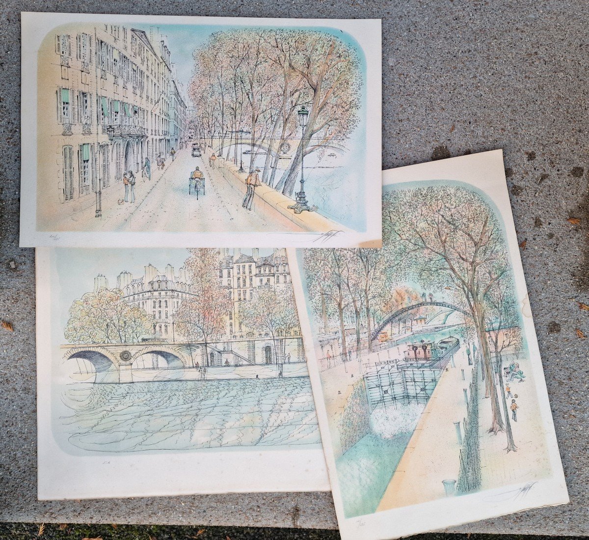 Lot Of 3 Lithographs By Rolf Rafflewski On Paris The Pont Neuf, Quai Bourbon And Canal St Mart