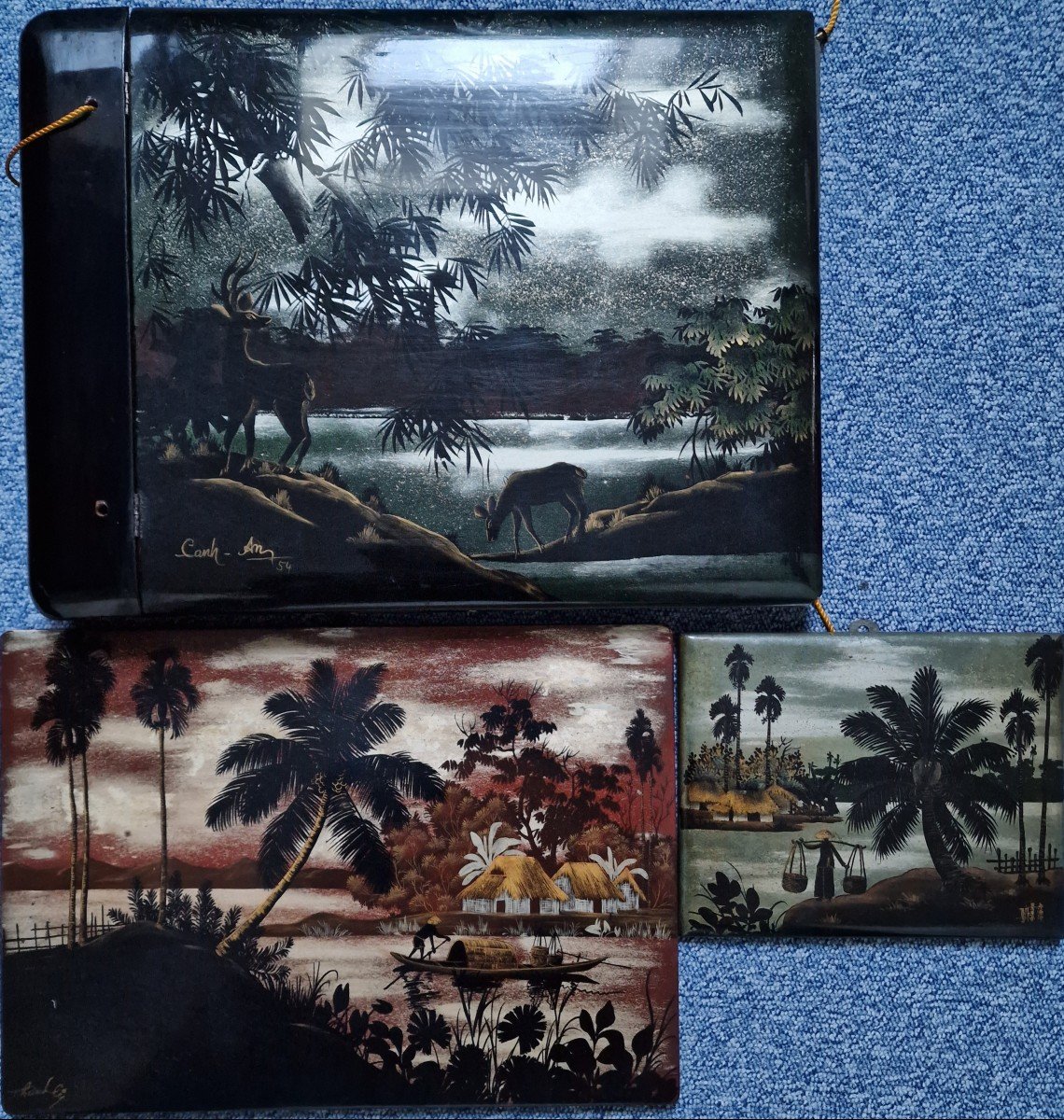 Lot Panels And Album In Vietnam Lacquer Signed Thanh Lê, Canh Am And Others