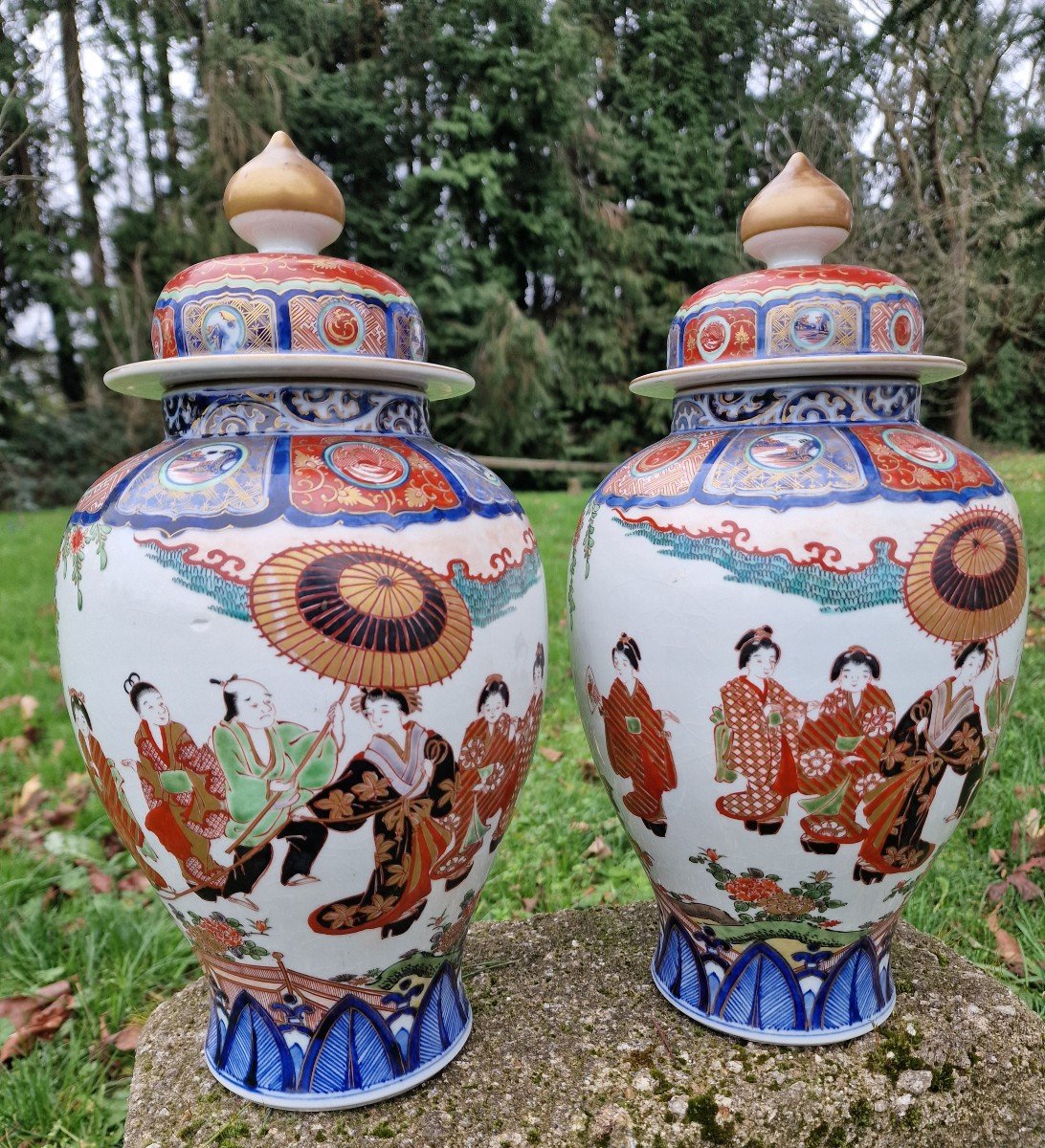 Pair Of Vases Pots Covered Imari Porcelain From Japan Arita-photo-3