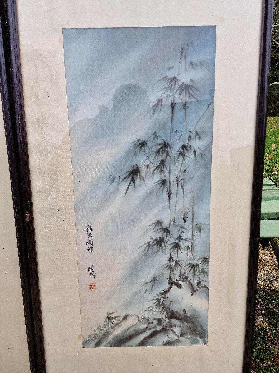 Pair Of Paintings On Silk By Hô-thi-linh Around 1930 Saigon Vietnam-photo-4