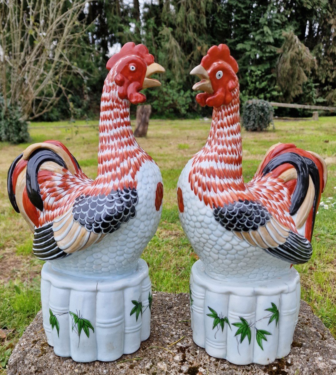 Pair Of Porcelain Roosters From Japan Arita Imari