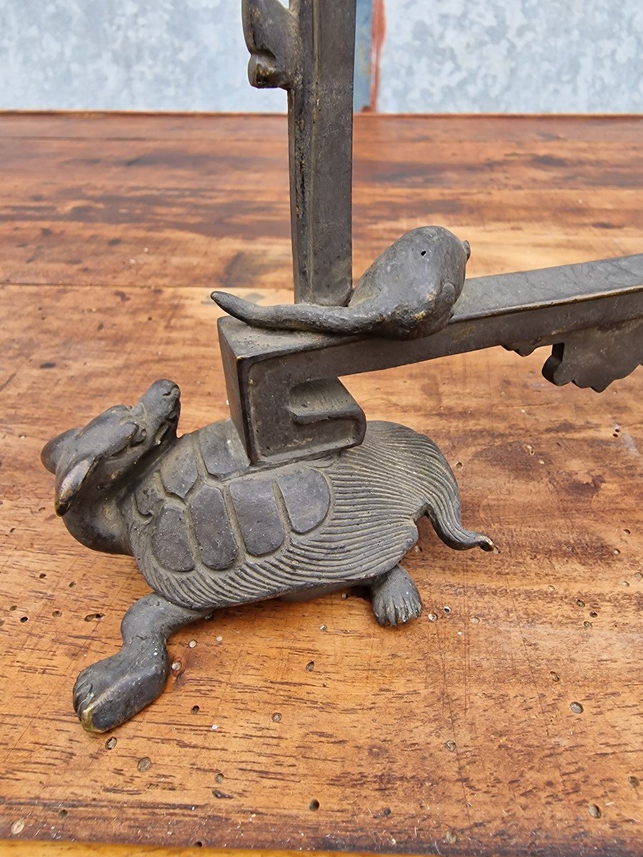 Watch Holder Or Japanese Gong In Patinated Bronze Decor Of Rat, Snail And Turtles-photo-4