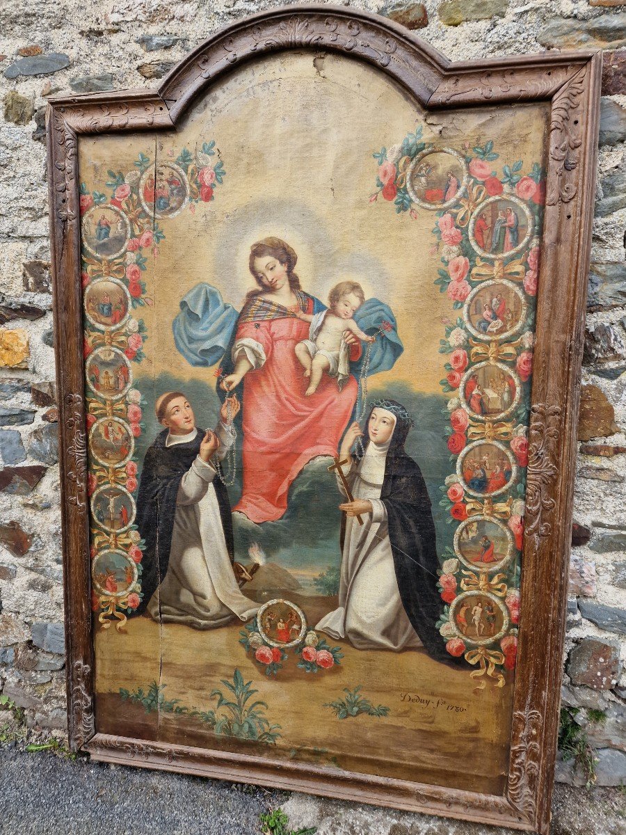 Important Tableau 18ème Religieux La Donation Du Rosaire Par La Vierge école Bretonne