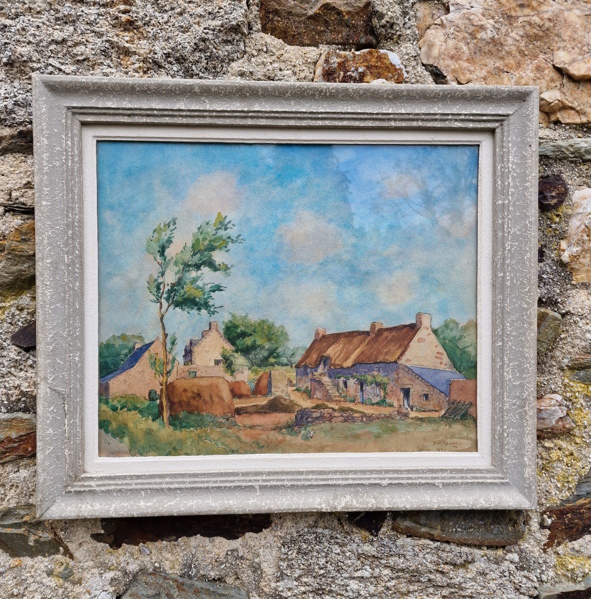 Breton Watercolor Old Thatched Cottage Farm In Carnac In 1944 Brittany Morbihan By Jm Renard-photo-3