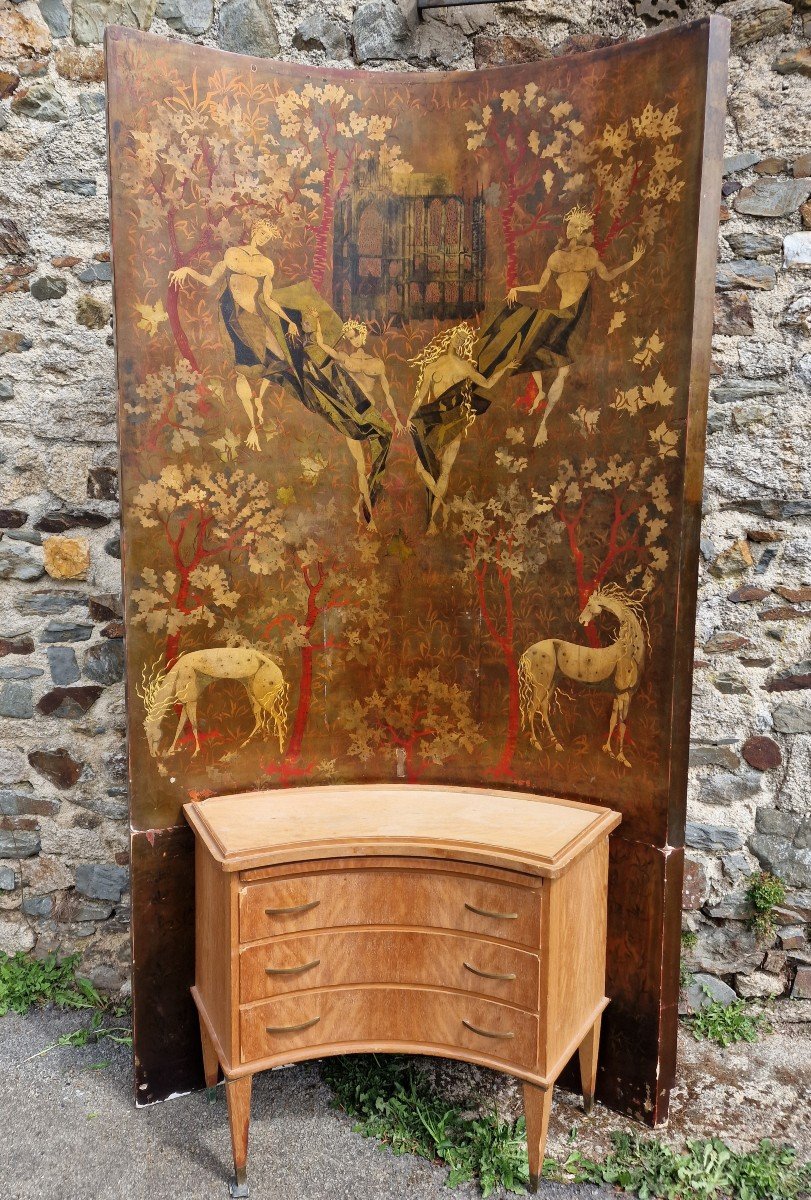 Worker Commode And Panel In Lacquer From The Ile-de-france Paquebot By Paul Cressent Beauvais