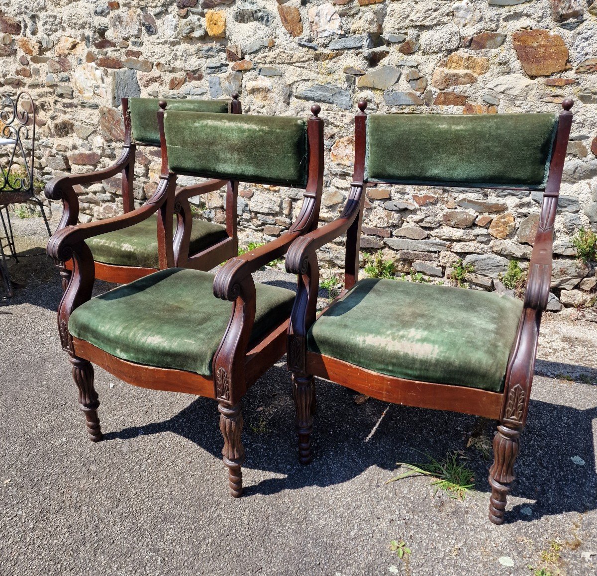 Series Of 3 Restoration Period Armchairs In Empire Mahogany To Restore-photo-2