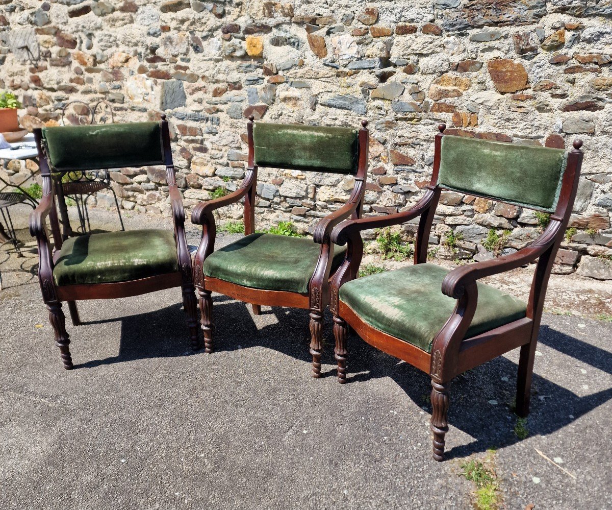 Series Of 3 Restoration Period Armchairs In Empire Mahogany To Restore