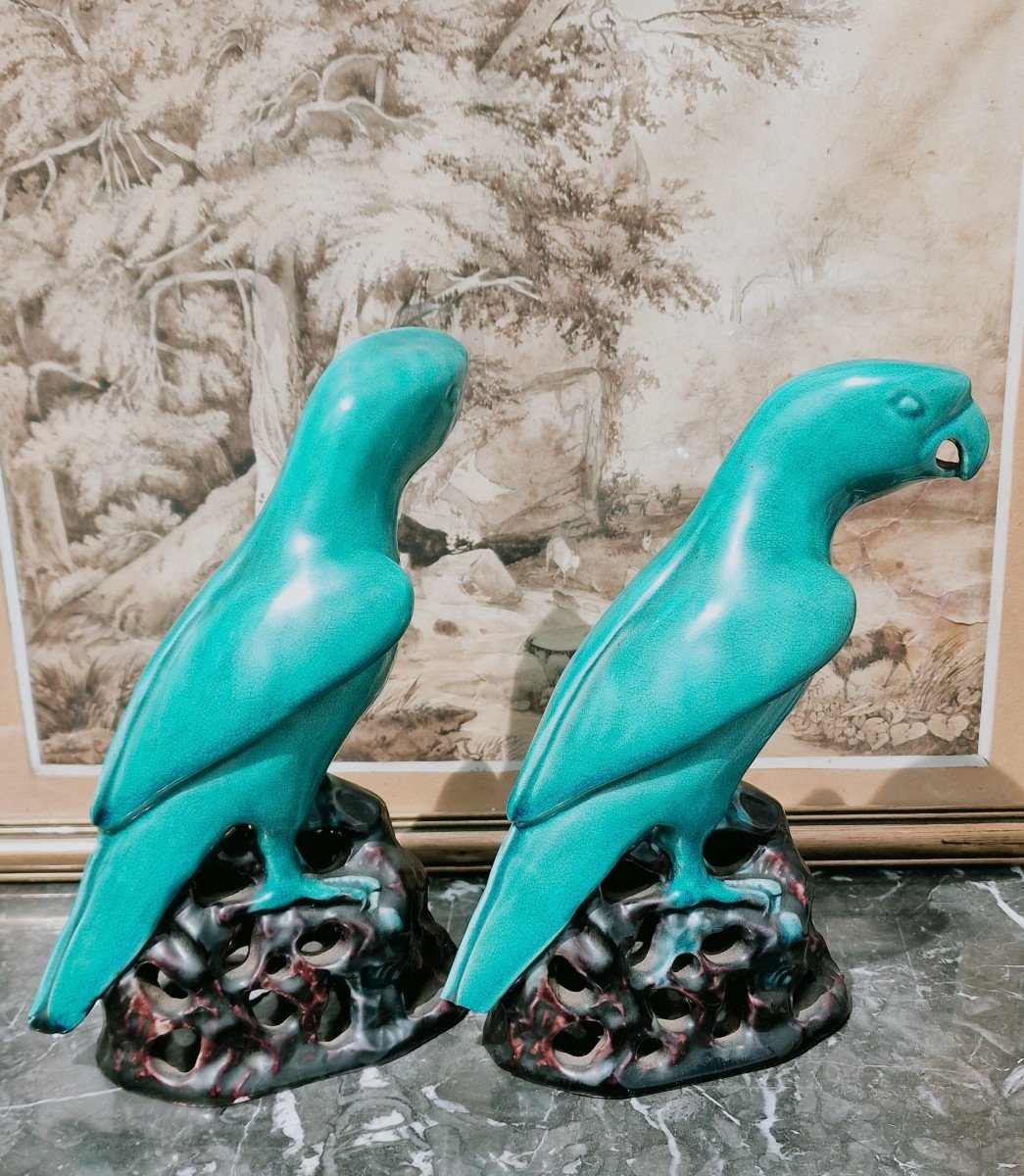 Pair Of Chinese Porcelain Parrots Enameled Turquoise And Eggplant Manganese Export-photo-4
