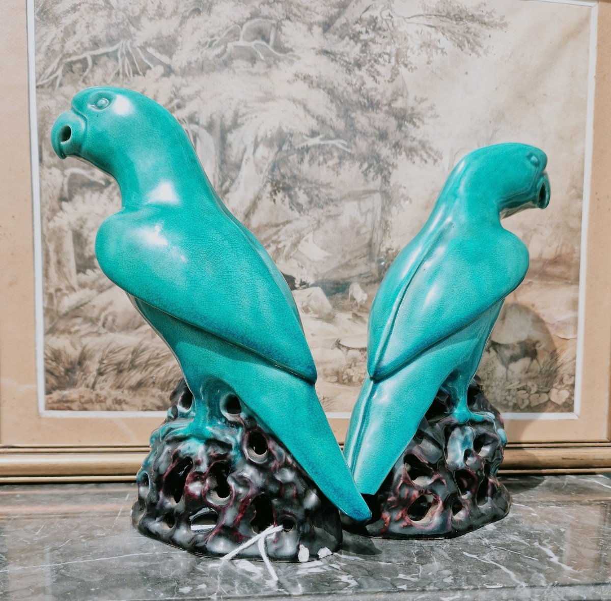 Pair Of Chinese Porcelain Parrots Enameled Turquoise And Eggplant Manganese Export-photo-1