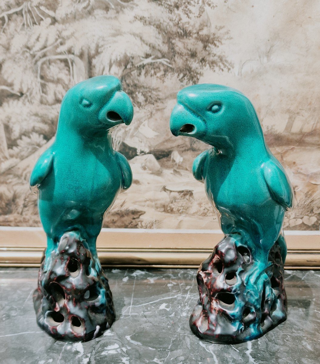 Pair Of Chinese Porcelain Parrots Enameled Turquoise And Eggplant Manganese Export