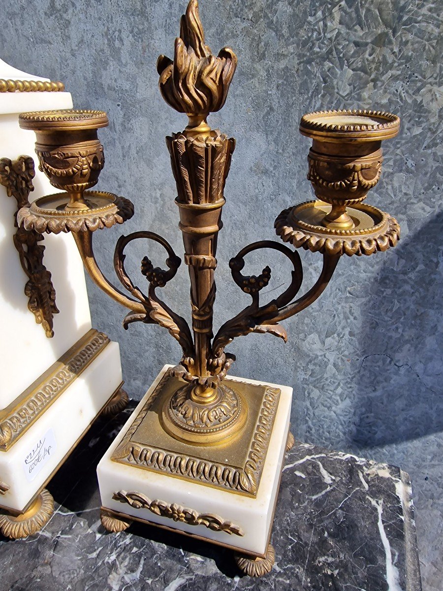 Fireplace Set With Pendulum And Candelabra Louis XVI Style Marble And Bronze-photo-2