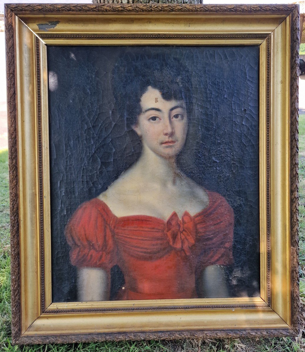 Tableau Portrait De Jeune Fille / Femme époque Empire à La Robe Rouge -photo-3