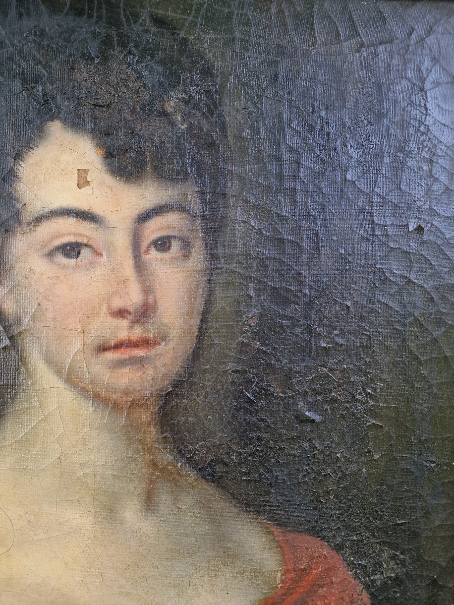 Painting Portrait Of Young Girl / Woman Empire Period In Red Dress-photo-1