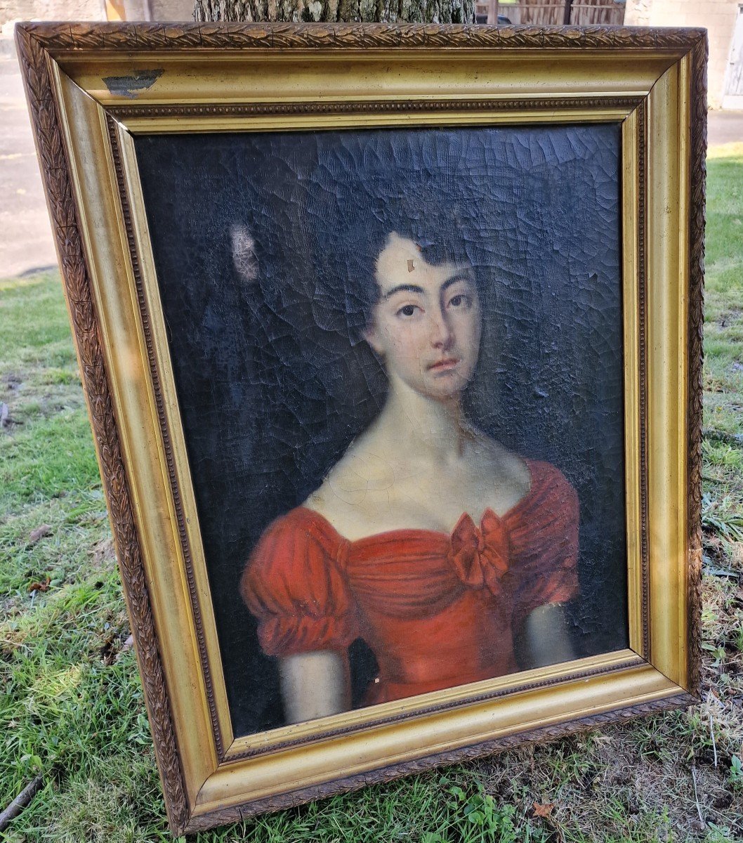 Tableau Portrait De Jeune Fille / Femme époque Empire à La Robe Rouge -photo-5