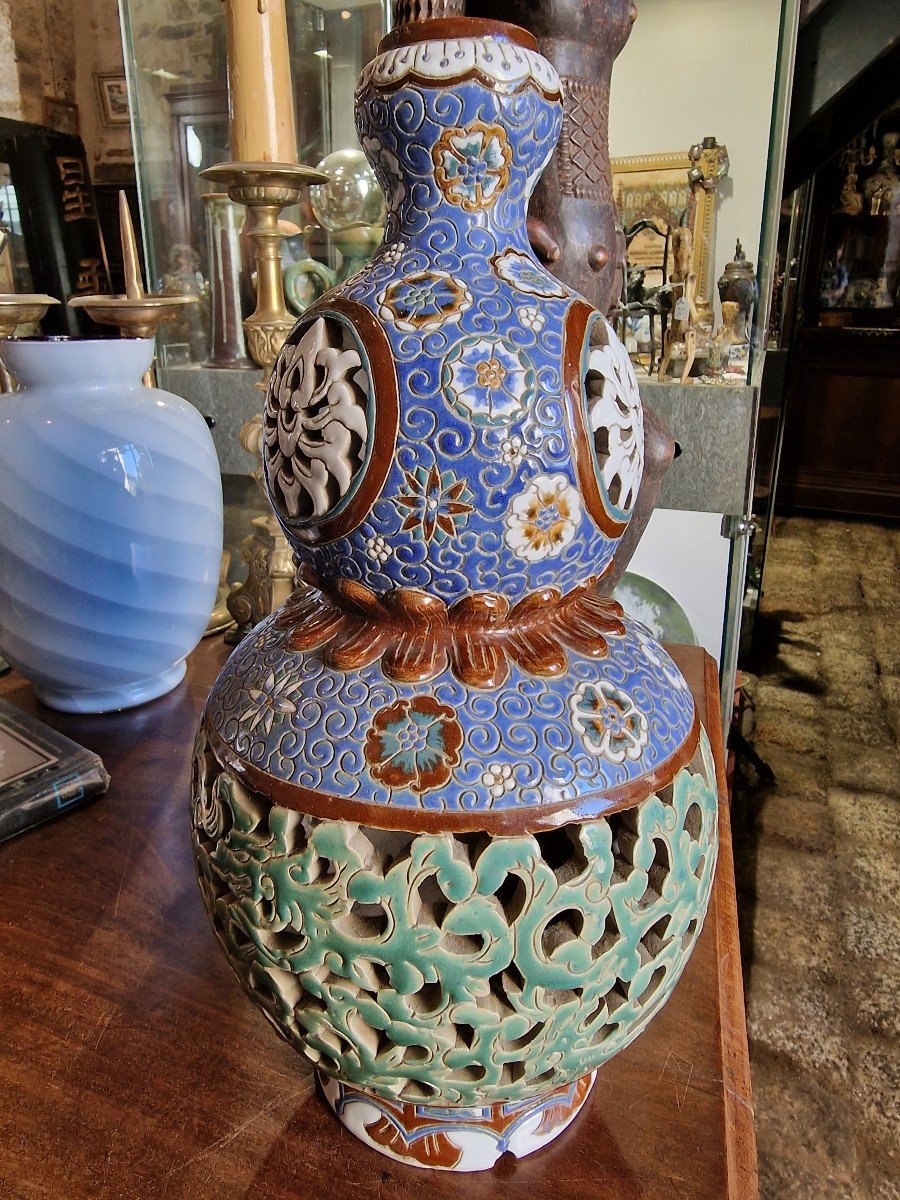 Pied De Lampe Grès Céramique  Gom Bien Hoa Vietnam Forme De Vase Chinois Double Gourde -photo-3