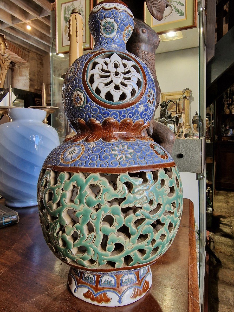 Pied De Lampe Grès Céramique  Gom Bien Hoa Vietnam Forme De Vase Chinois Double Gourde -photo-1