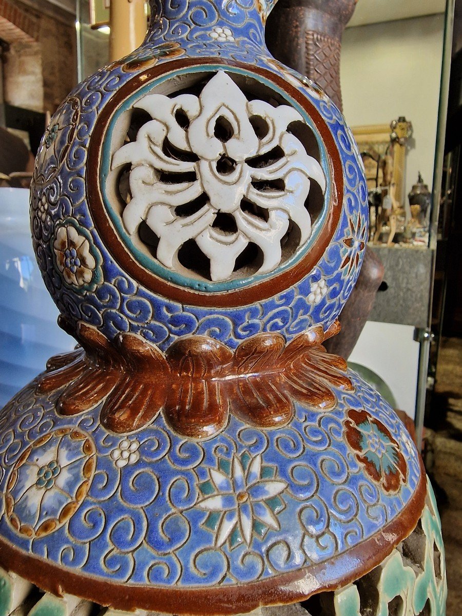 Pied De Lampe Grès Céramique  Gom Bien Hoa Vietnam Forme De Vase Chinois Double Gourde -photo-2