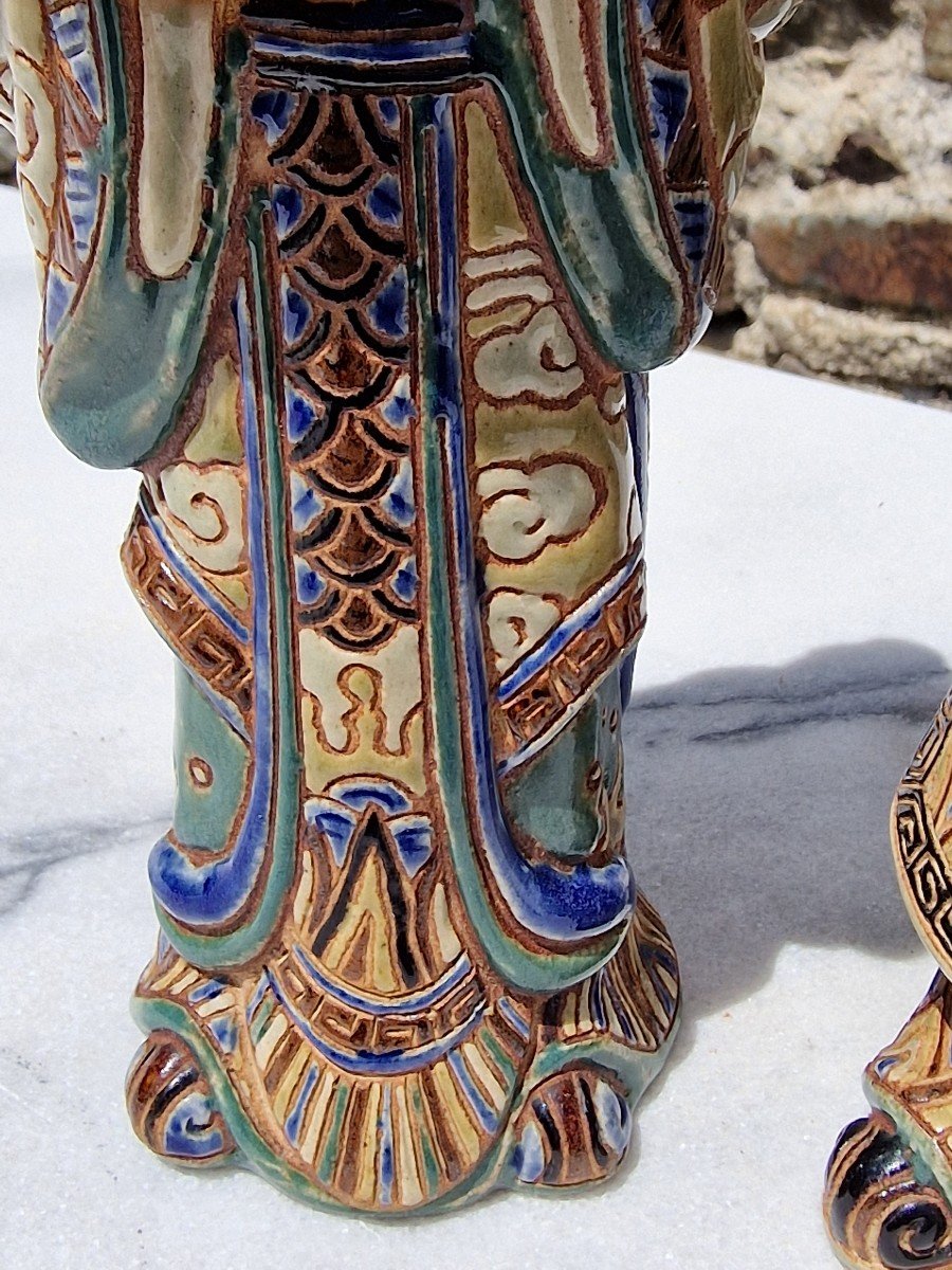 Lot Of 2 Stoneware Figures Signed By Bien Hoa Vietnam Shou Lao And Fu XIng Ceramic Pottery-photo-2