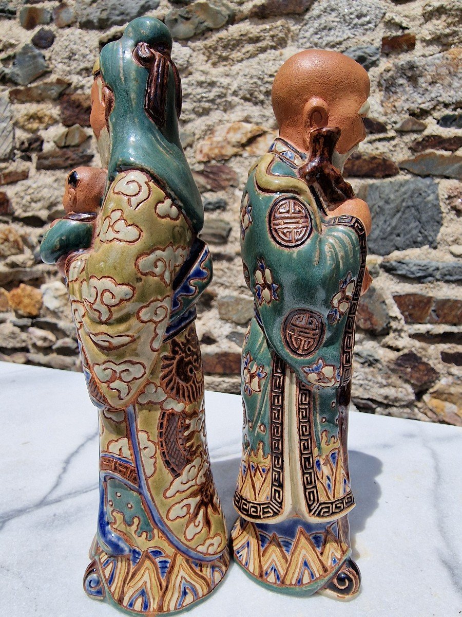 Lot Of 2 Stoneware Figures Signed By Bien Hoa Vietnam Shou Lao And Fu XIng Ceramic Pottery-photo-4