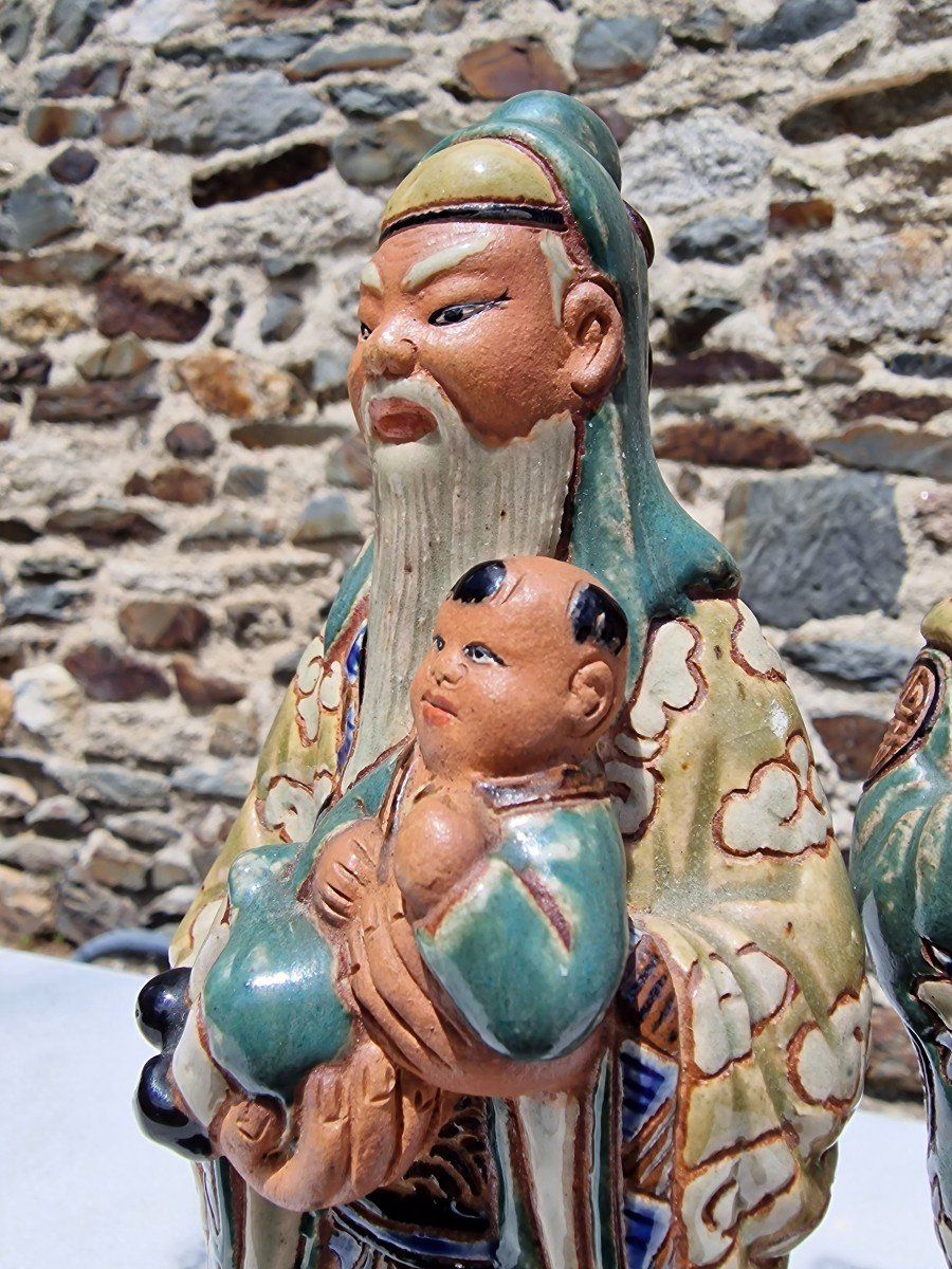 Lot Of 2 Stoneware Figures Signed By Bien Hoa Vietnam Shou Lao And Fu XIng Ceramic Pottery-photo-6