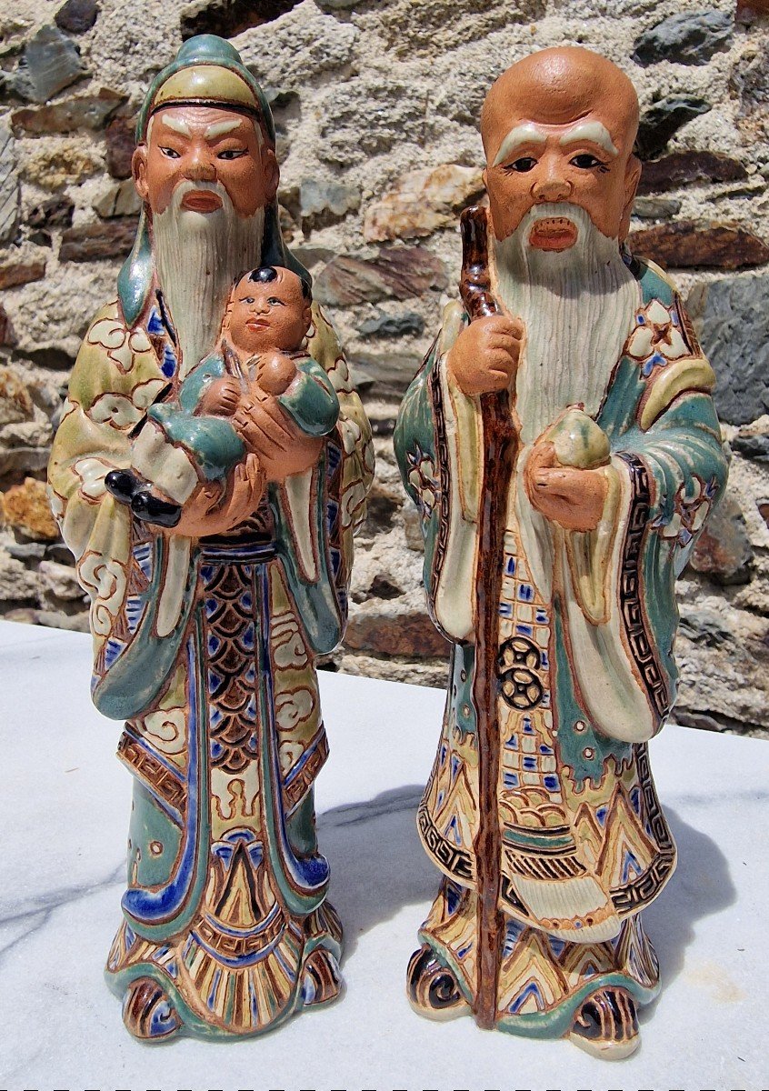 Lot Of 2 Stoneware Figures Signed By Bien Hoa Vietnam Shou Lao And Fu XIng Ceramic Pottery
