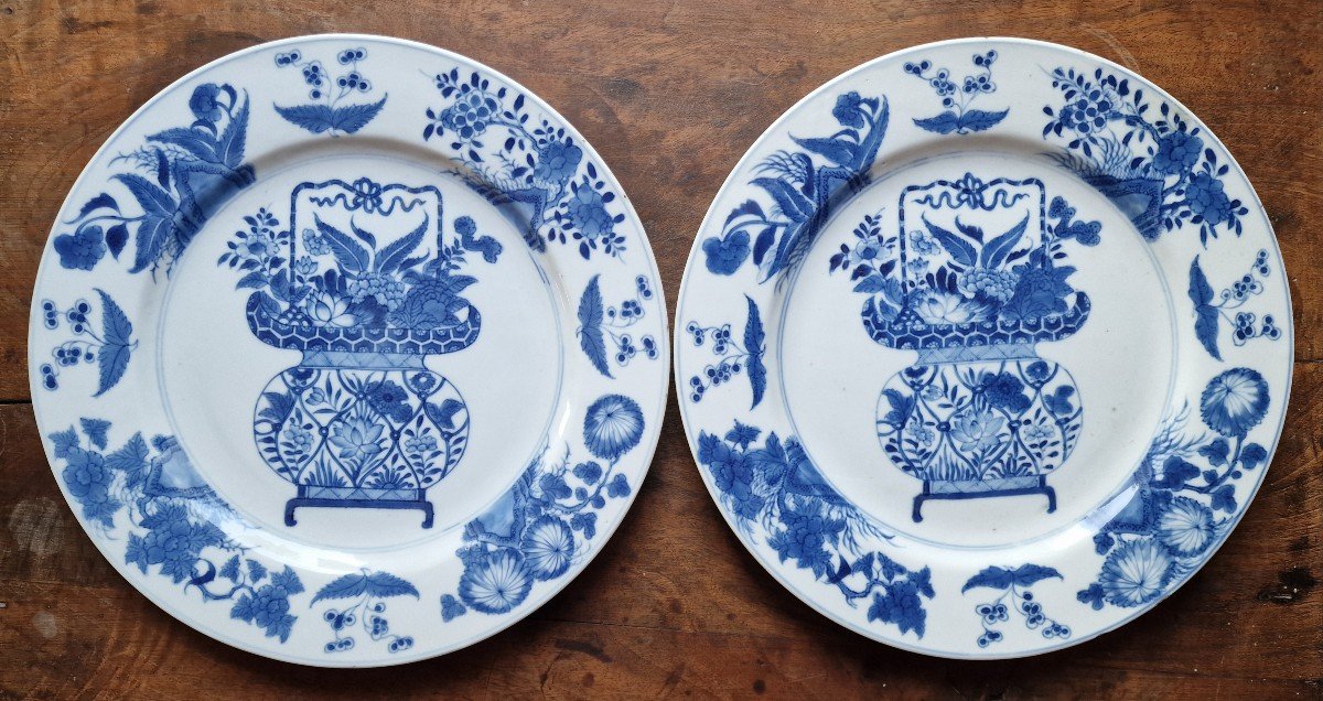 Pair Of Chinese Dinner Plates 18th Kangxi Period White Blue Qing Dynasty