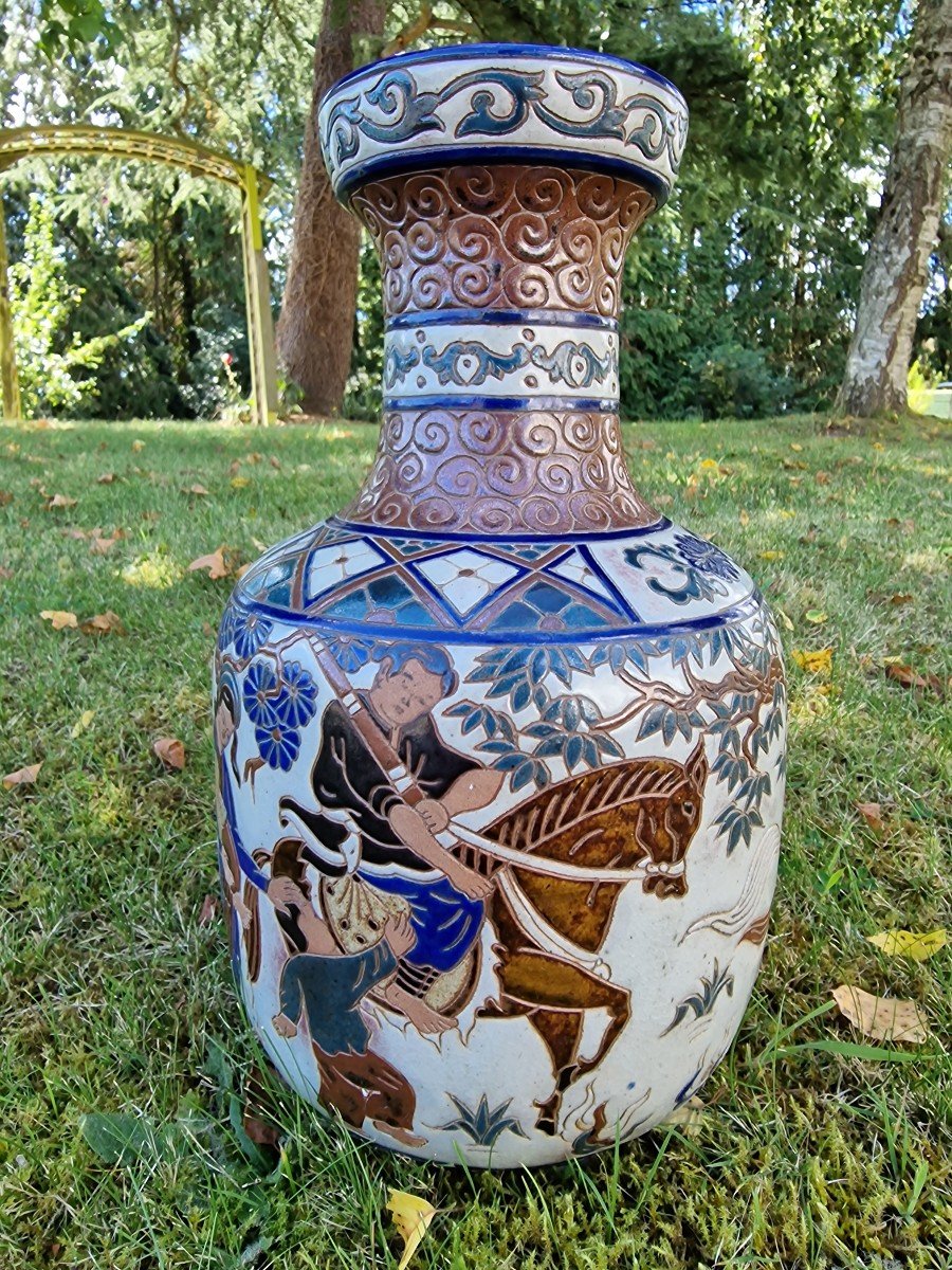 Stoneware Vase From Bien Hoa In Asian Vietnam Sandstone Decor Of Horsemen And Children