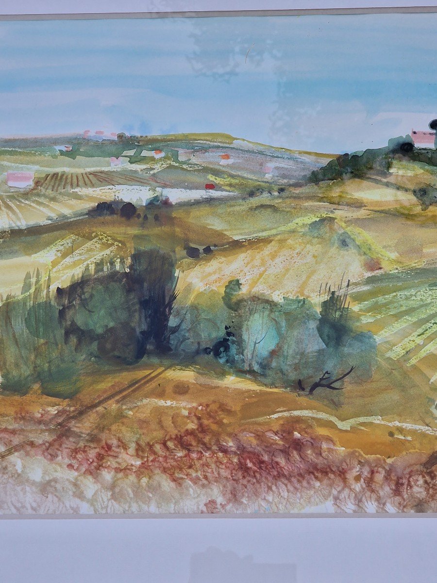 Large Watercolor Landscape Of Roussillon By Michel Jouenne Official Painter Of The Navy-photo-4
