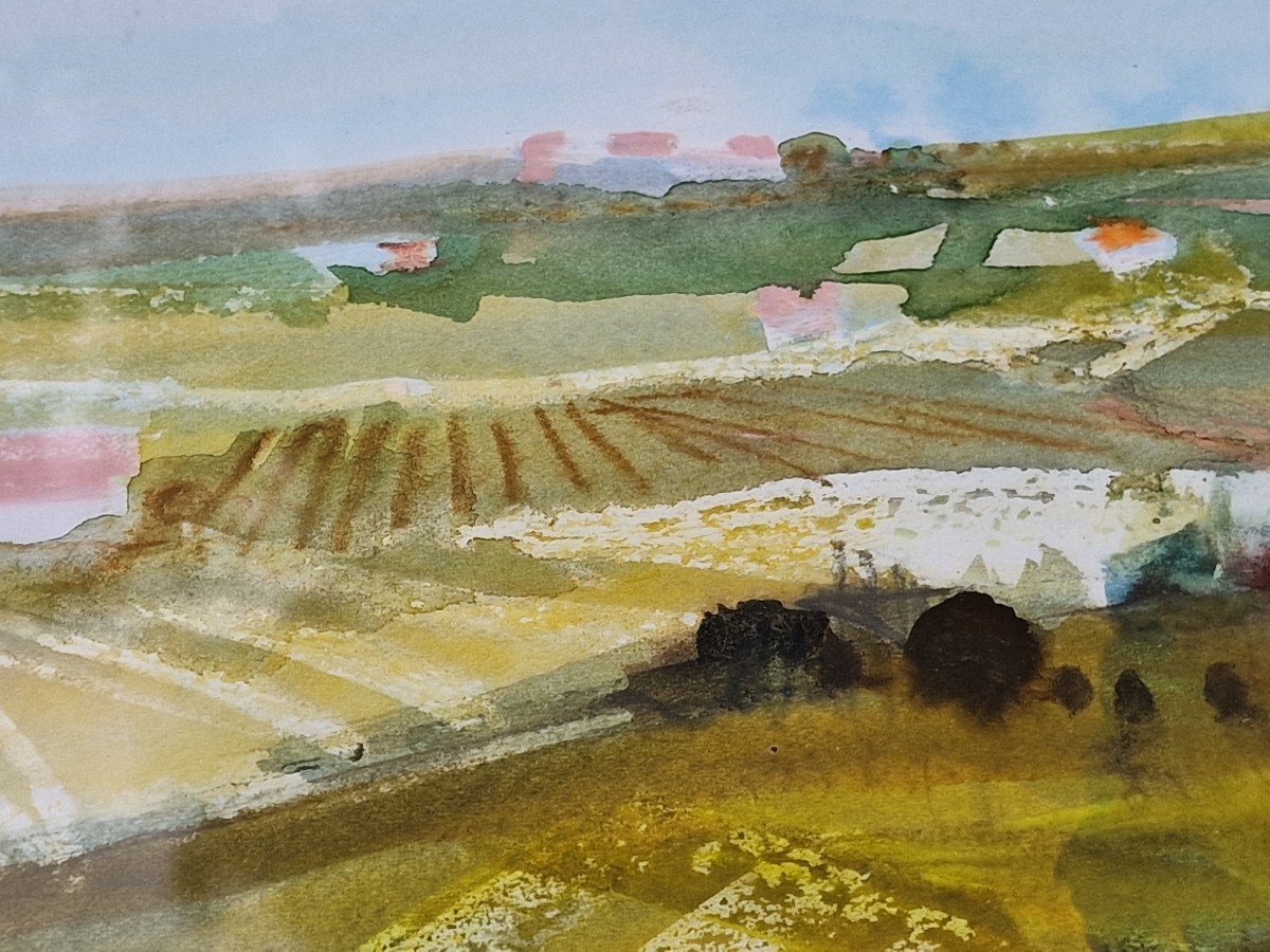 Large Watercolor Landscape Of Roussillon By Michel Jouenne Official Painter Of The Navy-photo-5