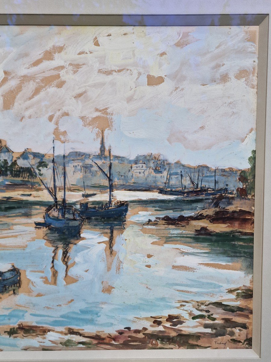 Grande Gouache De Fernand Herbo Douarnenez Port De Tréboul Bretagne Peintre Officiel Marine-photo-4