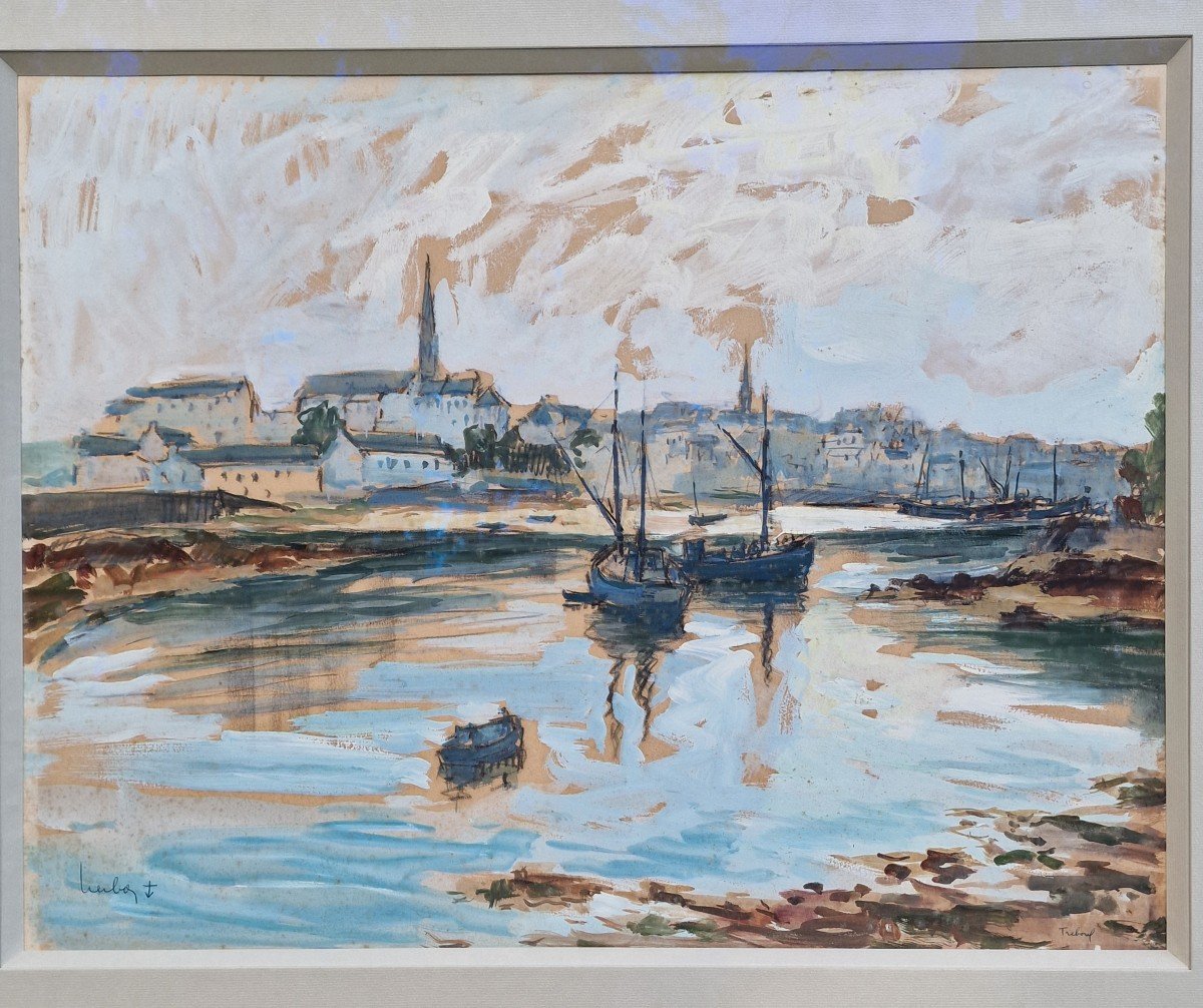 Large Gouache By Fernand Herbo Douarnenez Port Of Tréboul Brittany Official Marine Painter-photo-7
