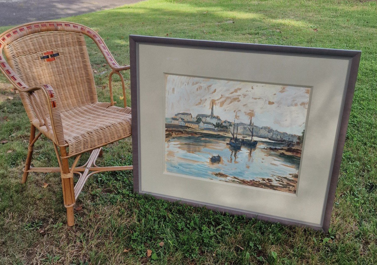 Large Gouache By Fernand Herbo Douarnenez Port Of Tréboul Brittany Official Marine Painter