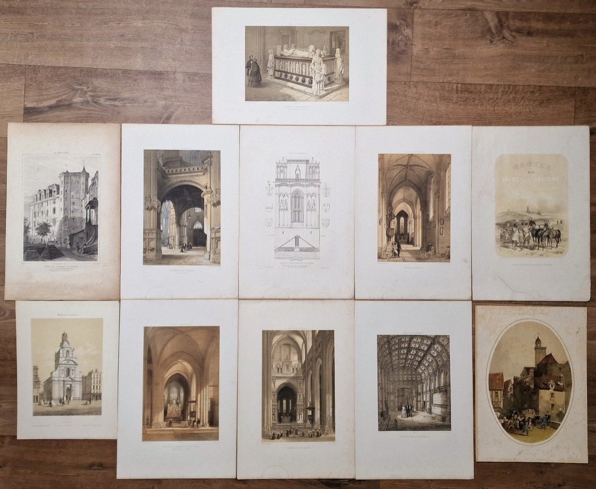 Lot De 11 Gravures Sur Nantes Dont La Cathédrale, église Saint Jacques Et Tombeau De François 2