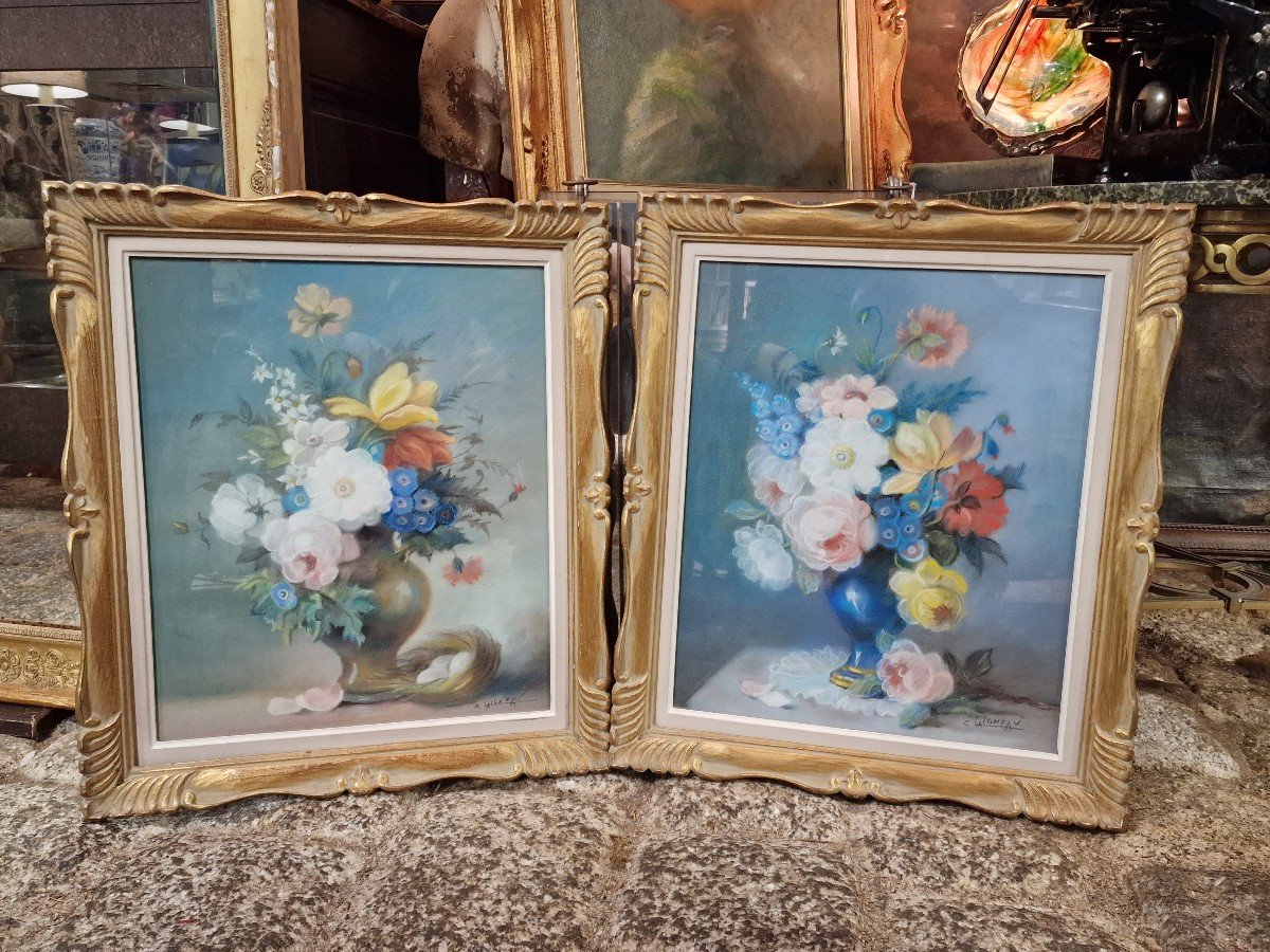 Paire De Tableaux Pastel Bouquets De Fleurs Par Zoé Laigneau Style XVIIIème