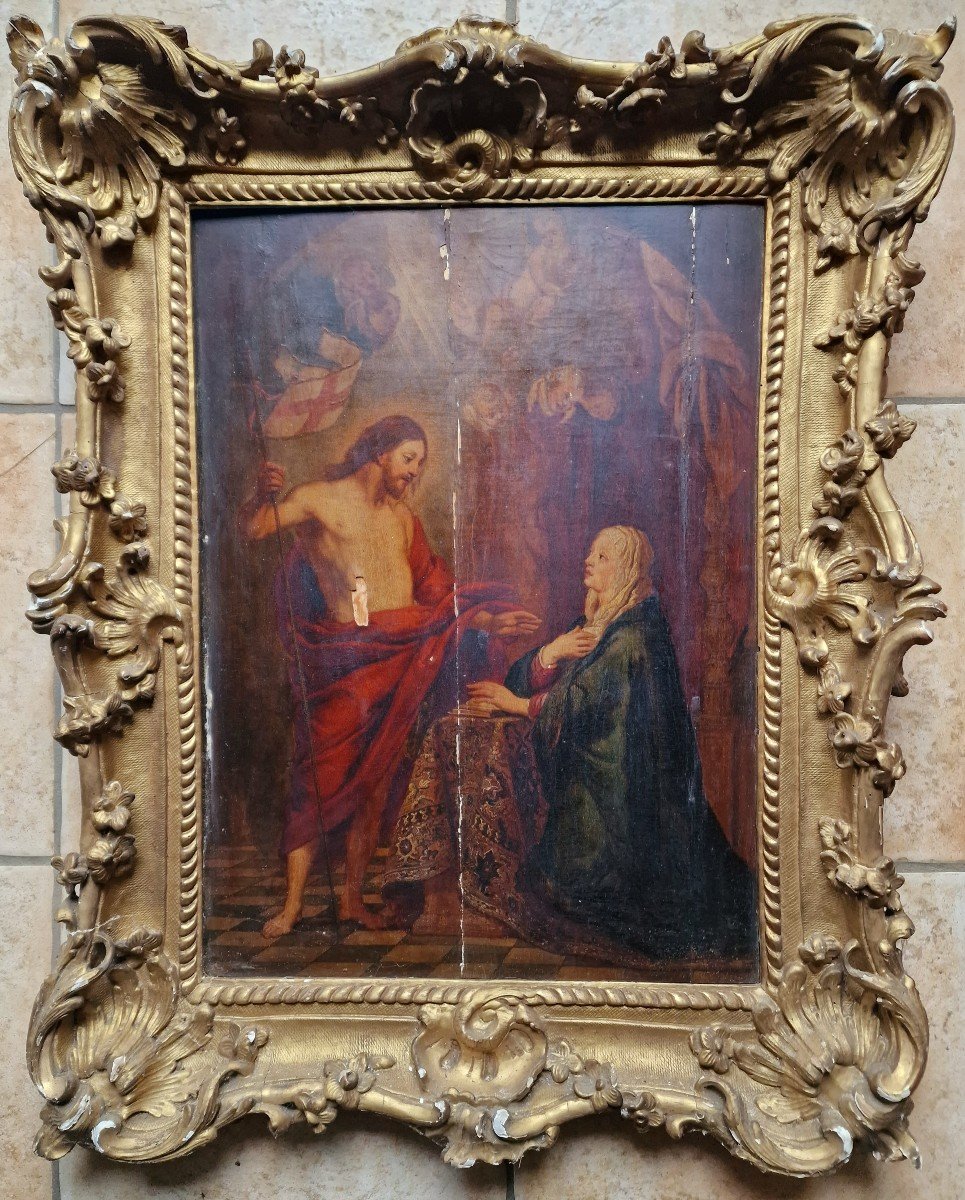 Painting 17th Mark Of The Antwerp Guild Apparition Christ To The Virgin Flemish Religious