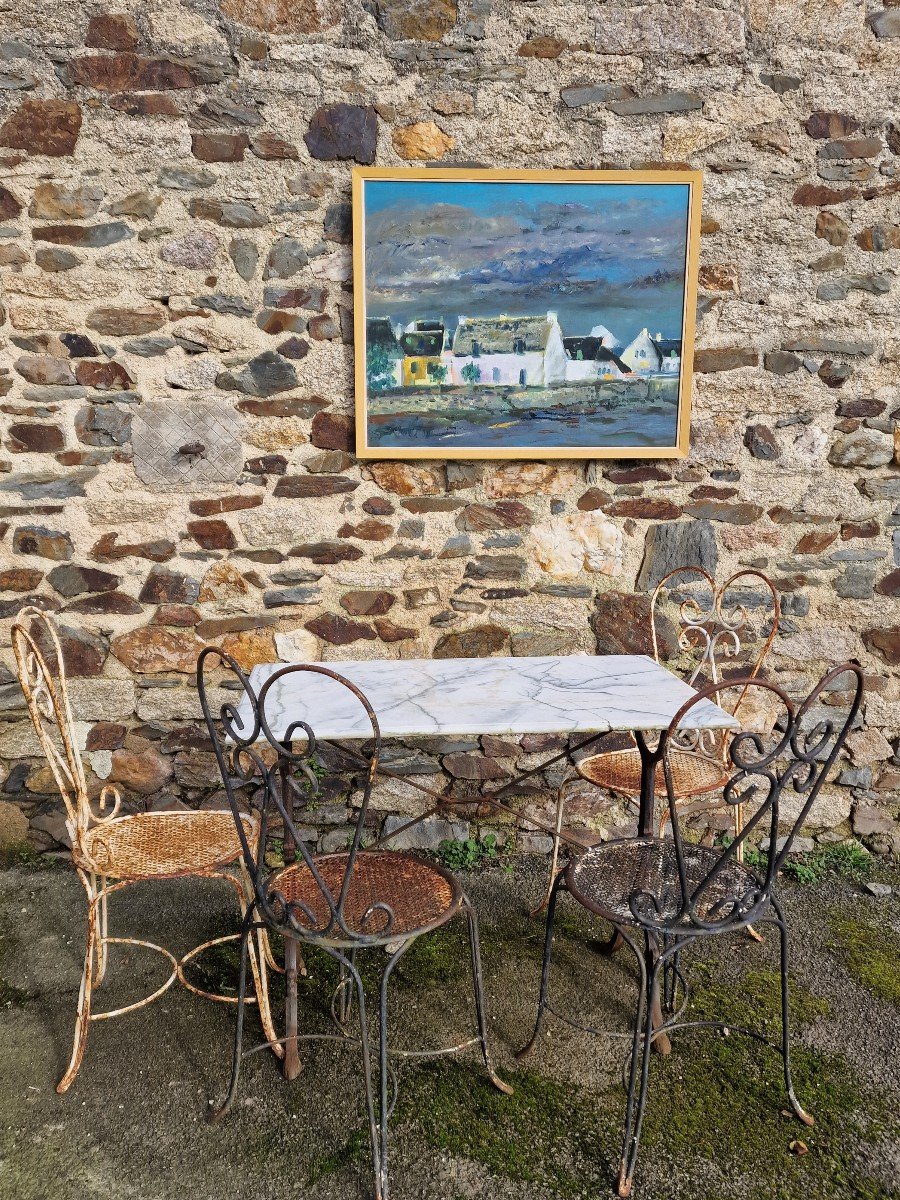 Grand Tableau Bretagne Longères En Bord De Mer Rivière Par Jean Le Pelch Style Georges Laporte-photo-1