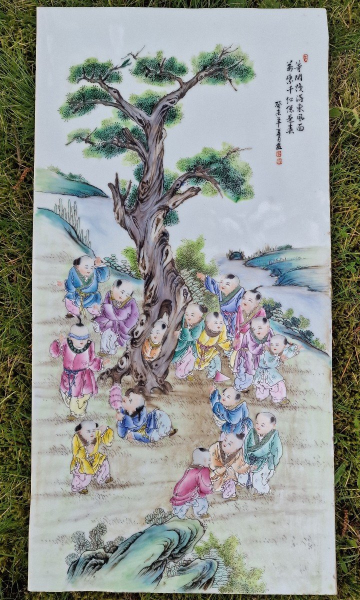 Paire De Plaques Murales Porcelaine De Chine à Décor d'Enfants Jouants émaux De La Famille Rose-photo-3