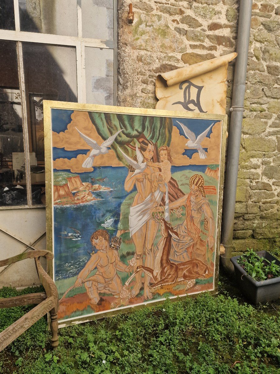 Important Art Deco Painting Mother And Child By Pierre Pasquier Amiens Stained Glass Liner Decor-photo-2