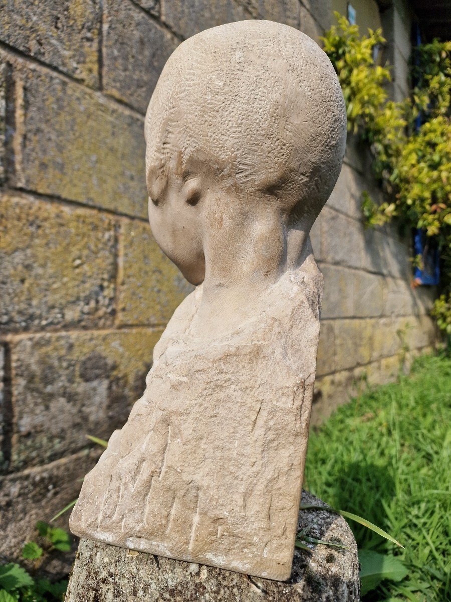 Art Deco Stone Sculpture Of Young Boy Or Girl By Amadéo Génnarelli-photo-1