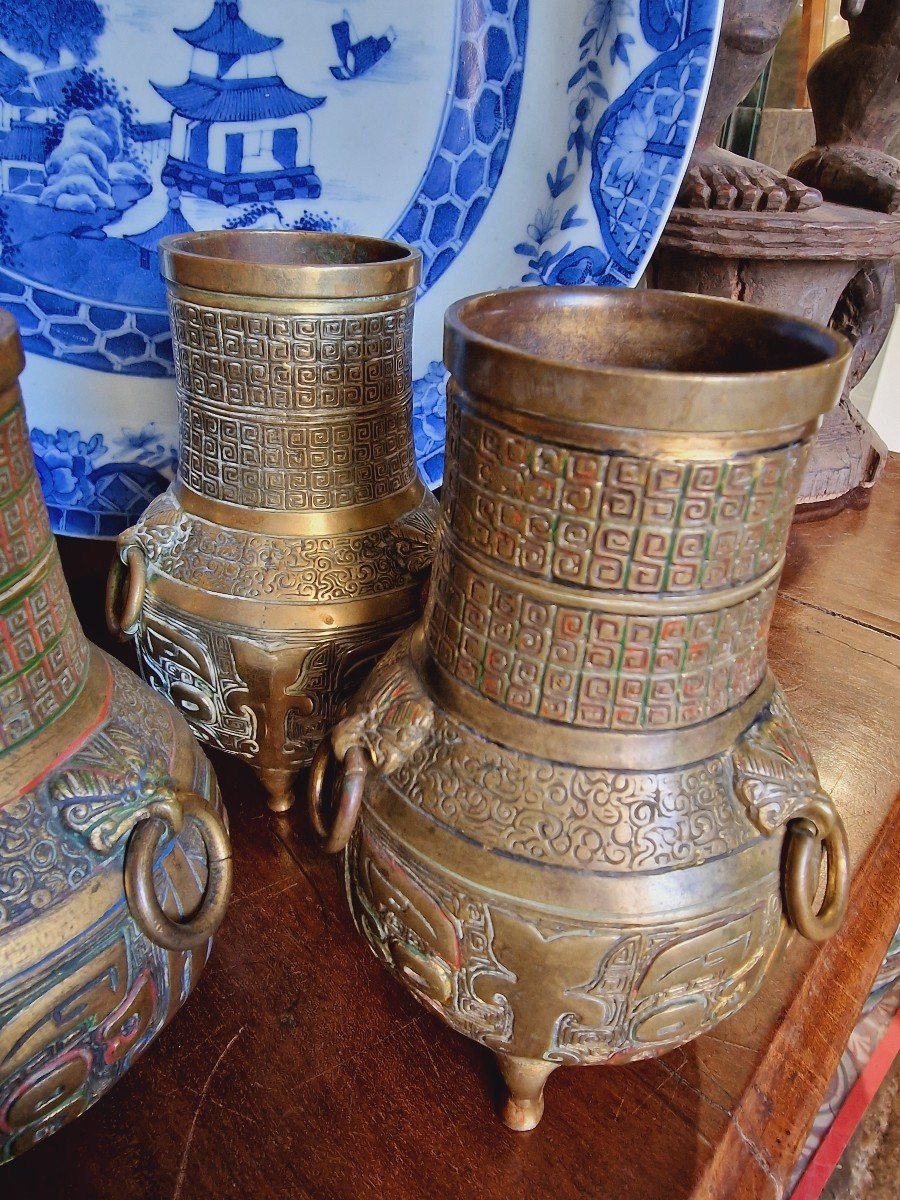 Serie De 4 Vases En Bronze Style Han Susses Frères Paris Japonisant Chinoisant Napoléon 3-photo-4