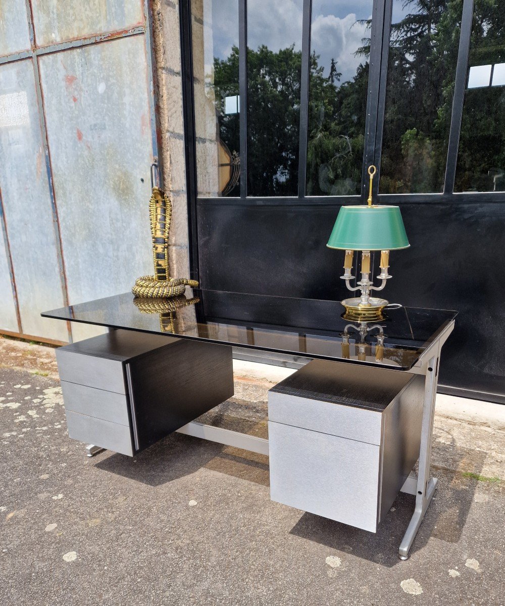 Grand Bureau Par Etienne Ferminger En Aluminium Et Verre Fumé à Double Caissons Tiroirs-photo-3