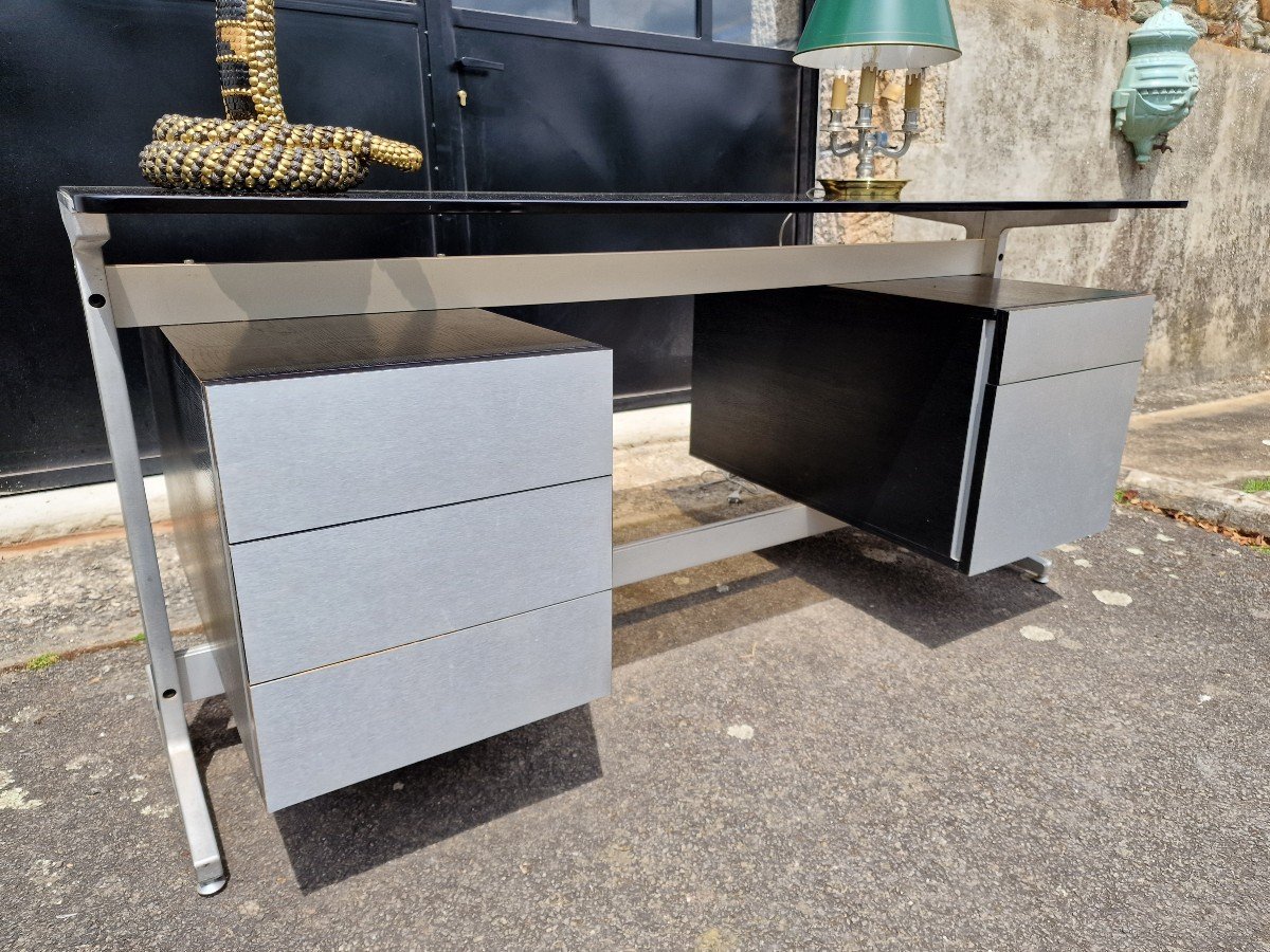 Grand Bureau Par Etienne Ferminger En Aluminium Et Verre Fumé à Double Caissons Tiroirs-photo-4