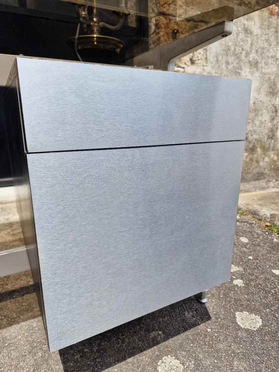 Grand Bureau Par Etienne Ferminger En Aluminium Et Verre Fumé à Double Caissons Tiroirs-photo-1