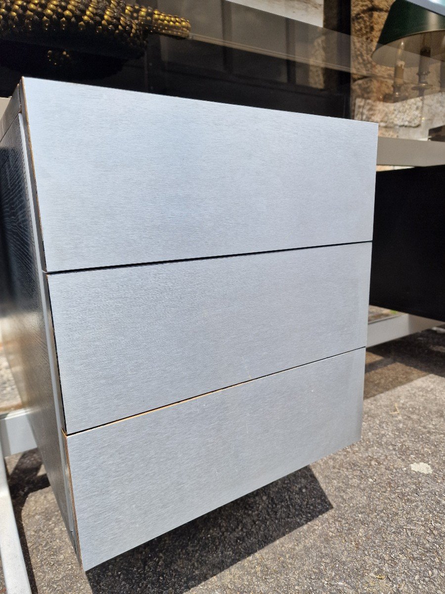 Grand Bureau Par Etienne Ferminger En Aluminium Et Verre Fumé à Double Caissons Tiroirs-photo-2