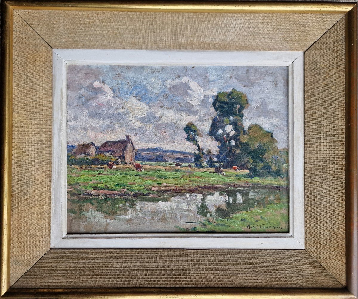 Painting Cows In Fields And Pond In Normandy By André Prévot Valérie Granville La Manche-photo-2