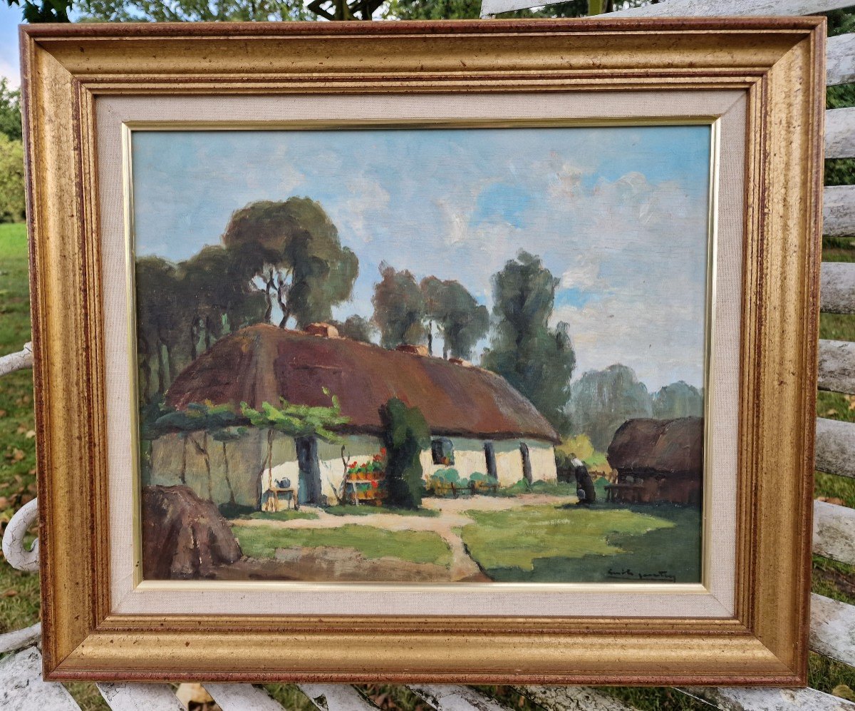 Painting Woman At The Cottage Farm In Brière By Emile Gautier Circa 1950 Vendée-photo-4