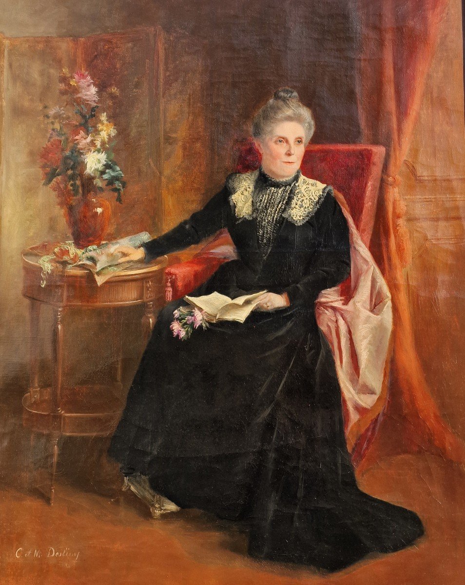Painting Portrait Notable Bourgeois Woman Around 1900 Gueridon Cécile Marie Desliens Sisters.-photo-3