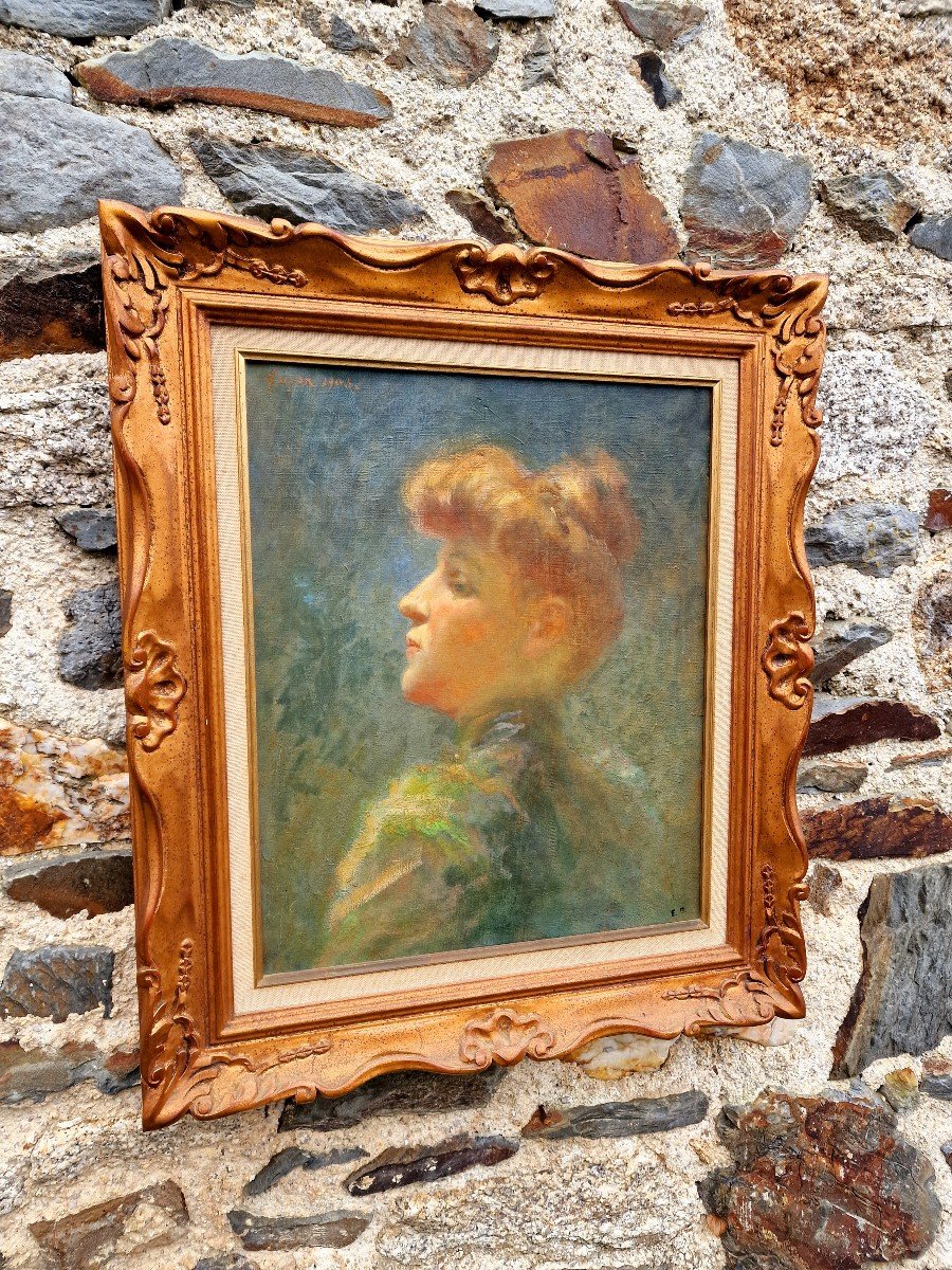 Painting Portrait Of A Young Woman In Profile From The Belle Epoque 1900 Art Nouveau By Guyon.-photo-2
